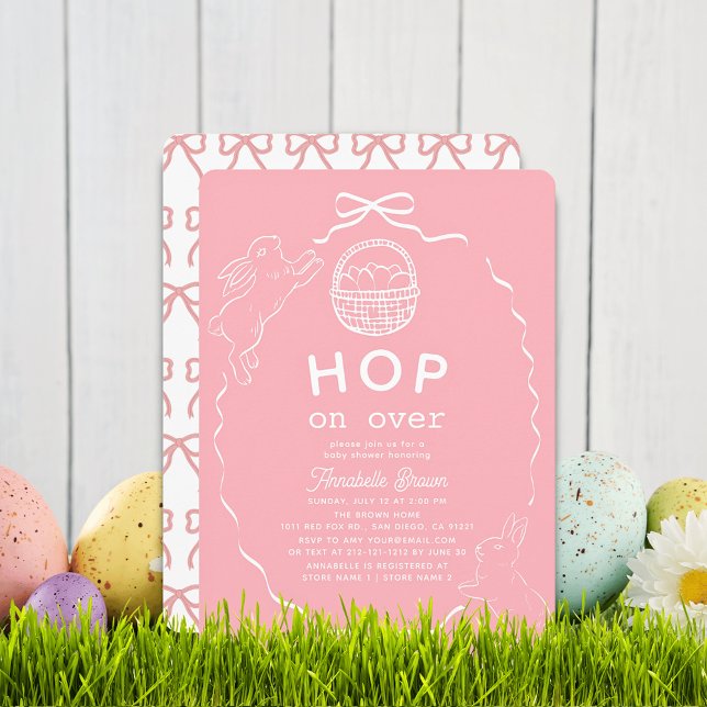 Hop on Over Pink Bow Girl Bunny Baby Shower Einladung (Von Creator hochgeladen)