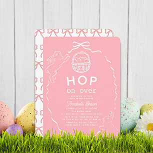 Hop on Over Rosa Schleifen Mädchen Bunny Baby Show Einladung