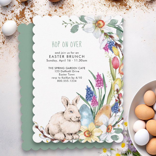 Hop On Over Spring Floral Oaster Brunch Einladung (Easter Brunch Invitation with cute rabbit, spring flowers and eggs)