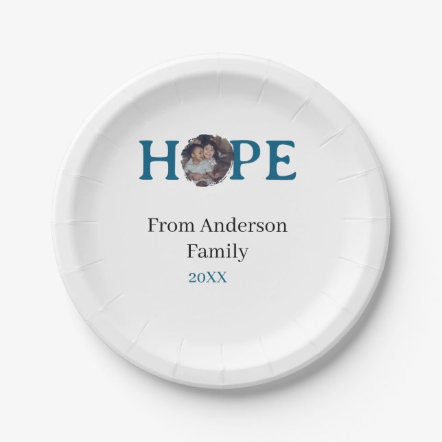 Hope blue holidays bold letter kids photo name yea pappteller (Vorderseite)