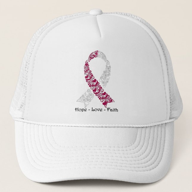 Hope Burgundy und White Awareness Ribbon Truckerkappe (Vorderseite)