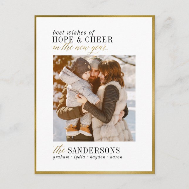 Hope & Cheer | Elegantes White & Gold Foto Postkarte (Vorderseite)