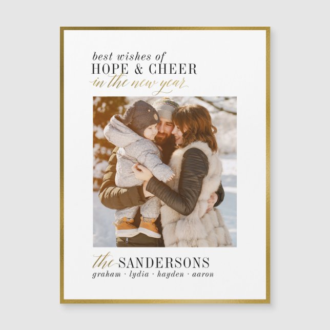 Hope & Cheer Minimalistisches Gold Script Neujahrs Magnetkarte (Vorderseite)