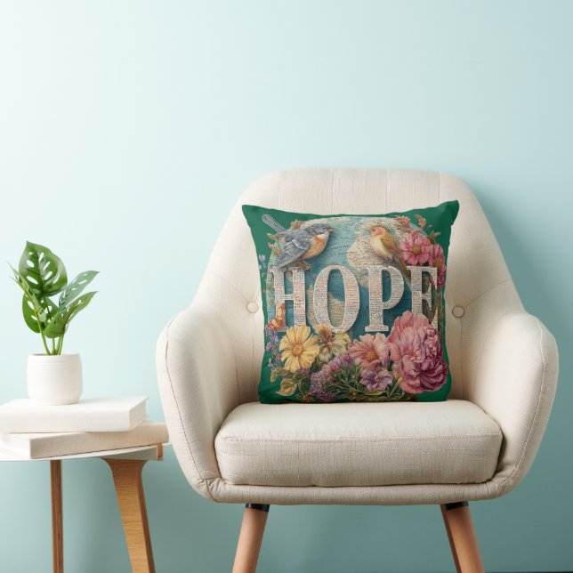 Hope Floral Typografie mit Vögeln und botanisch Kissen (Stuhl )