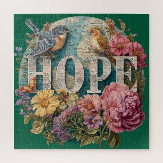 Hope Floral Typografie mit Vögeln und botanisch Puzzle (Vertikal)