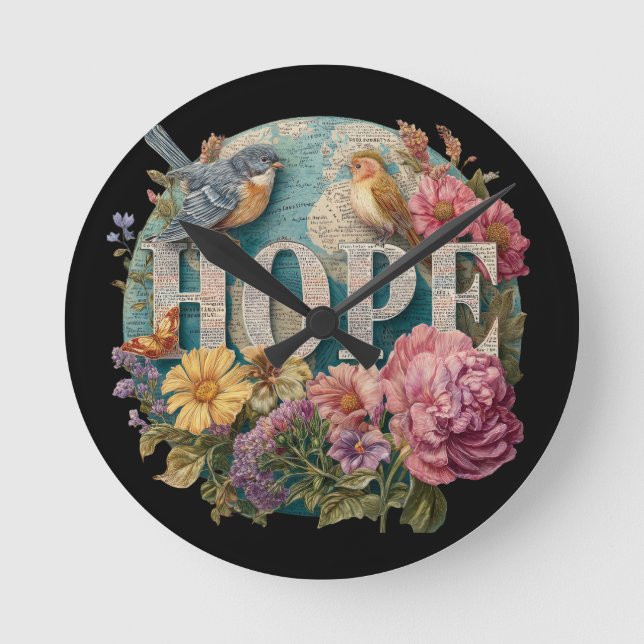 Hope Floral Typografie mit Vögeln und botanisch Runde Wanduhr (Vorderseite)