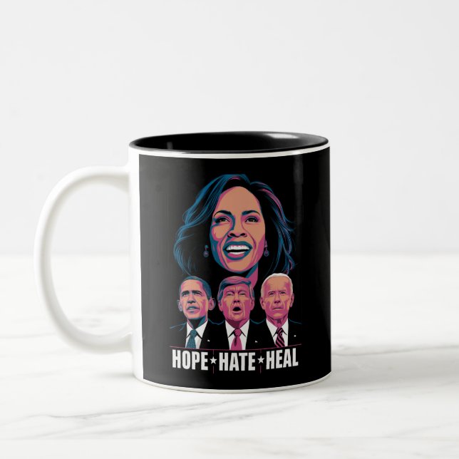 Hope Hate Heal Rise Kamala 2024 Zweifarbige Tasse (Links)