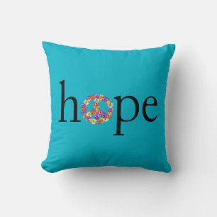 Hope & Peace Sign Floral auf Türkis Kissen
