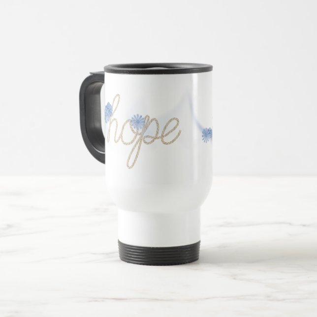 HOPE Seiltext mit blauen Gänseblümchen Reisebecher (Vorderseite Links)