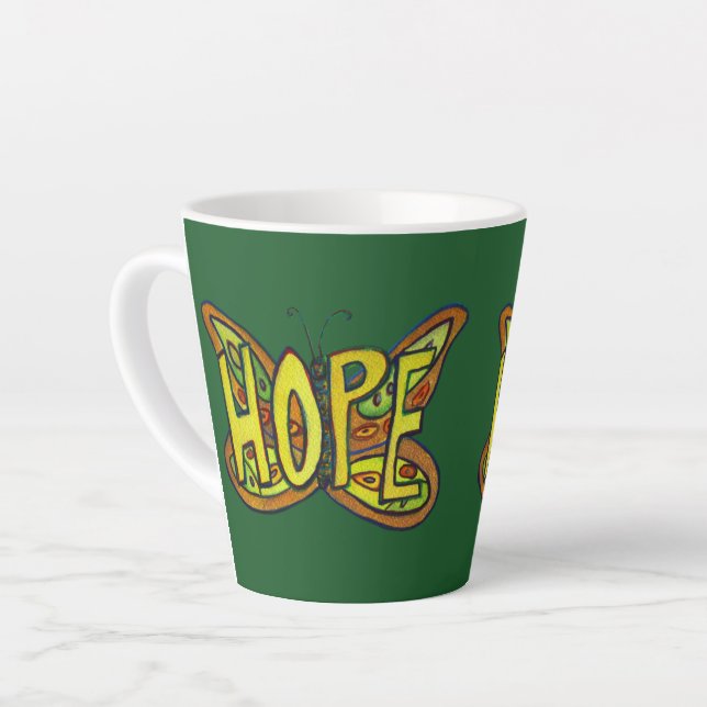 Hope Word Art Green Butterfly Wing Coffee Cup Milchtasse (Linke Ecke)