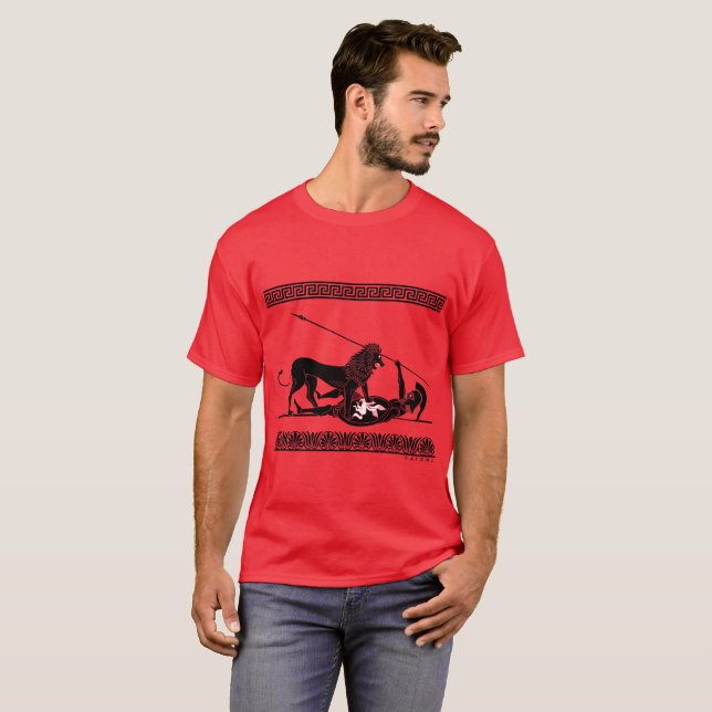 Hoplit und Löwe (Schwarzes auf Rot) T-Shirt (Vorne ganz)