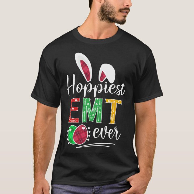 Hoppiest EMT Ever Bunny Ears Buffalo Plaid Easter T-Shirt (Vorderseite)