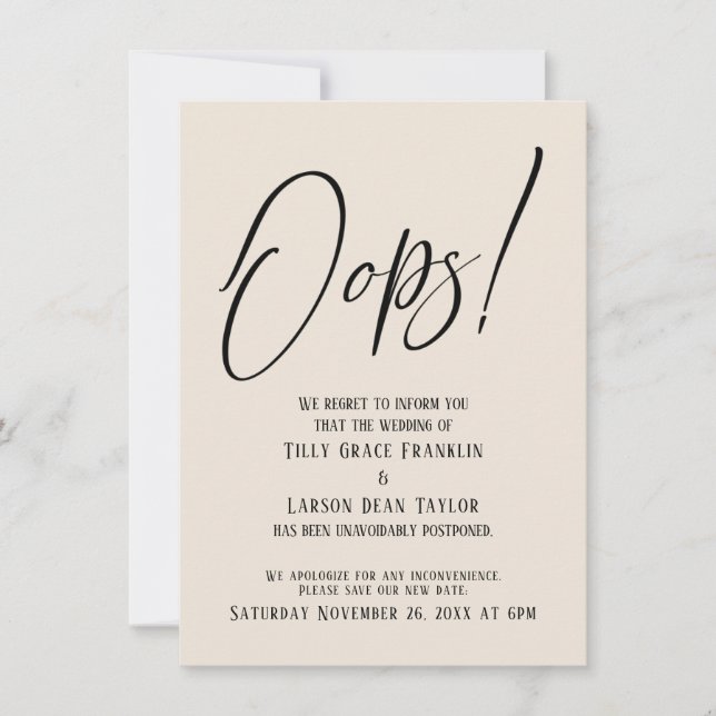 Hoppla! Funny Delayed Wedding Simple Cream Card Einladung (Vorderseite)