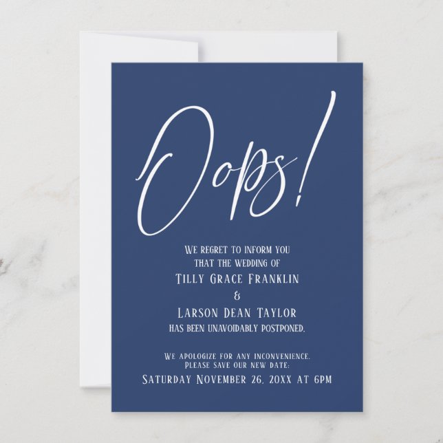 Hoppla! Funny Delayed Wedding Simple Navy Card Einladung (Vorderseite)