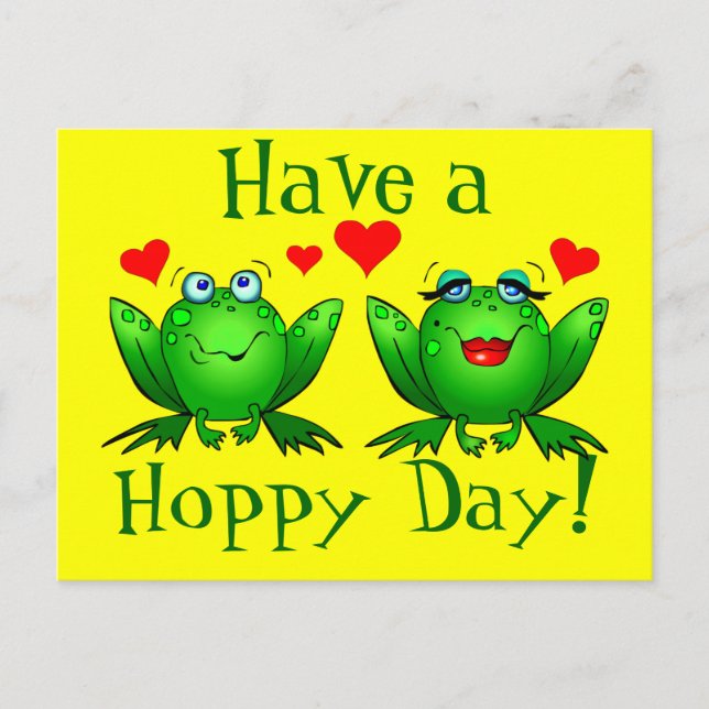 Hoppy Day Cartoon Frogs Happy Yellow Postkarte (Vorderseite)