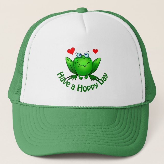 Hoppy Day Niedlich Green Frog w Hearts Truckerkappe (Vorderseite)