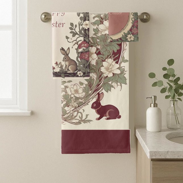 Hoppy Easter Bunny Art Nouveau Burgundy Farmhouse Badhandtuch Set (Hoppy Easter Bunny Art Nouveau Burgundy Farmhouse Bath Towel Set)
