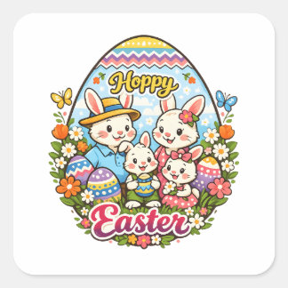 Hoppy Easter Colorful Cartoon Bunny Family Graphic Quadratischer Aufkleber