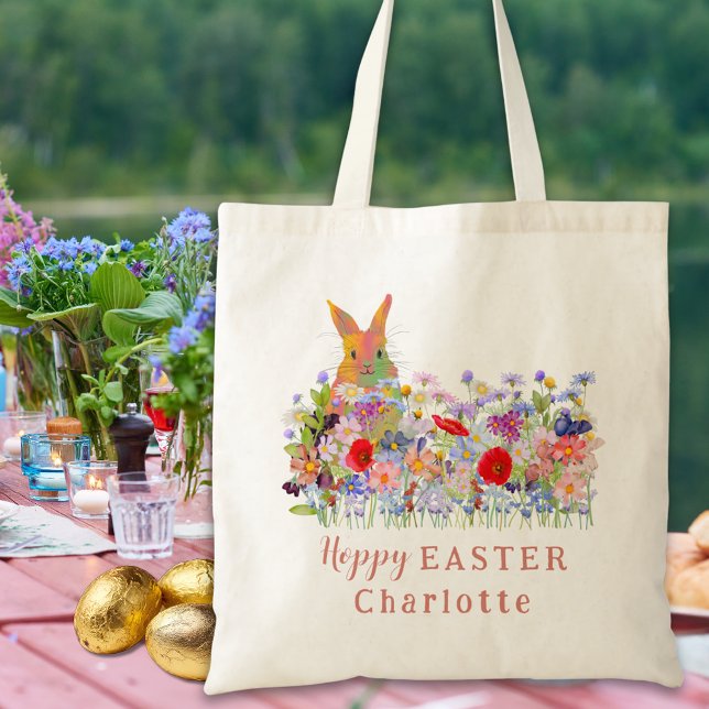 Hoppy Easter Egg Hunt Bunny Wildblumen Kinder Name Tragetasche (Personalized easter egg hunt cute colorful bunny wildflower floral tote bag)