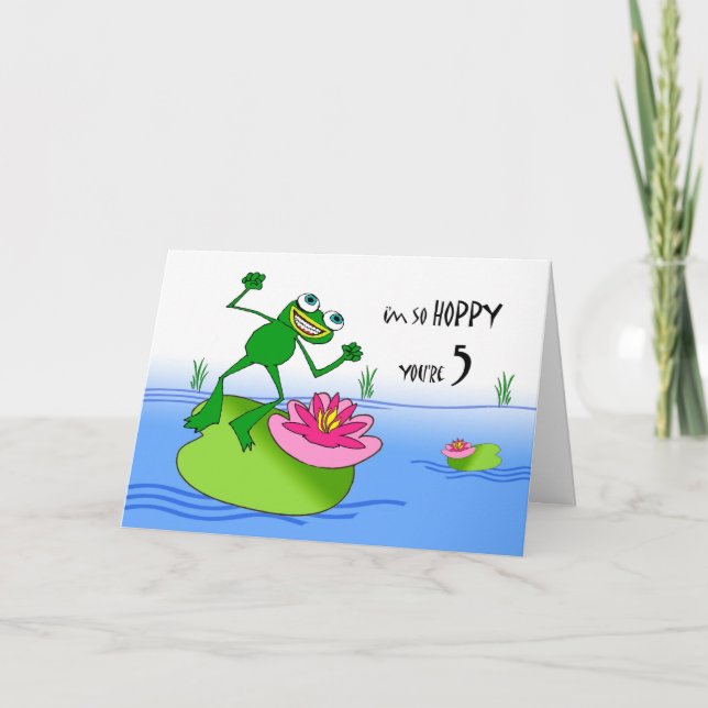 Hoppy Fifth Birthday, Funny Frog at Pond Karte (Vorderseite)
