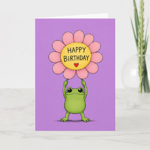 Hoppy Geburtstag! Süßer Frosch hält Blumen-Geburts Karte