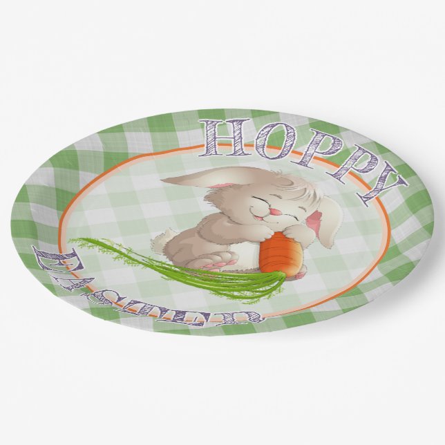 Hoppy Happy Oaster Bunny Green Gingham Pattern Pappteller (Schrägansicht)