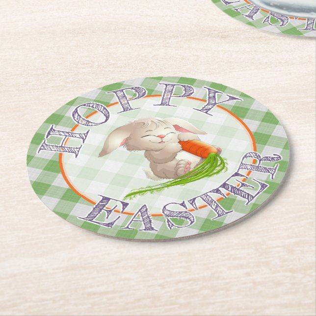 Hoppy Happy Oaster Bunny Green Gingham Pattern Runder Pappuntersetzer (Angewinkelt)