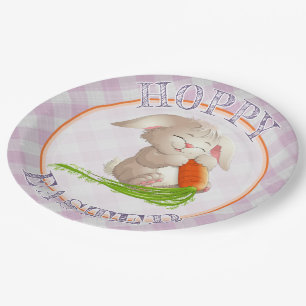 Hoppy Happy Oaster Bunny Pink Gingham Pattern Pappteller
