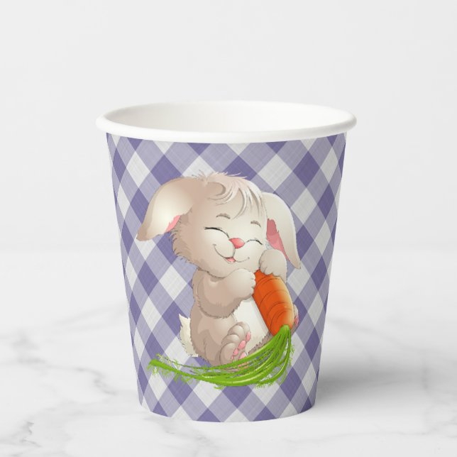 Hoppy Happy Oaster Bunny Violet Gingham Pattern Pa Pappbecher (Vorderseite)