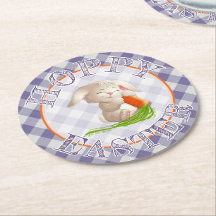 Hoppy Happy Oaster Bunny Violet Gingham Pattern Runder Pappuntersetzer