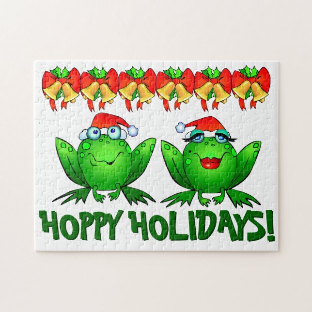 Hoppy Holidays Cartoon Weihnachtsfrosch Bells Bows Puzzle (Horizontal)