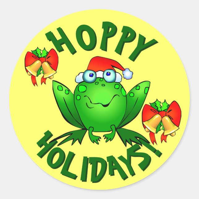 Hoppy Holidays Cartoon Weihnachtsfrosch Bells Runder Aufkleber (Vorderseite)