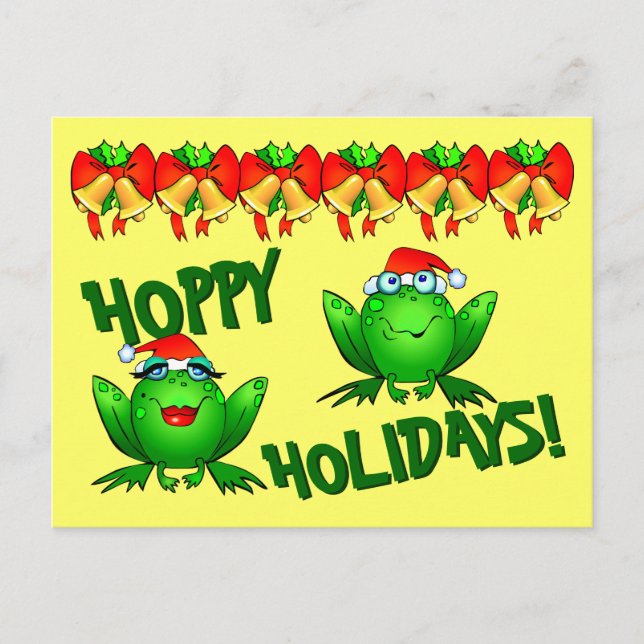 Hoppy Holidays Cartoon Weihnachtsfrosche Knollen Postkarte (Vorderseite)