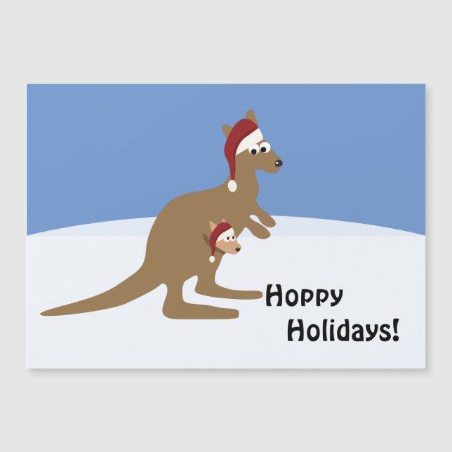 Hoppy Holidays Christmas Kangaroo und Joey Magnetkarte (Vorderseite)