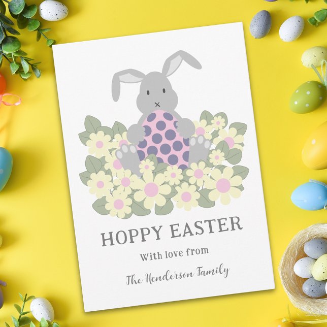Hoppy Oaster Bunny Floral Feiertagskarte (Personalized cute hoppy Easter bunny floral holiday greetings card)