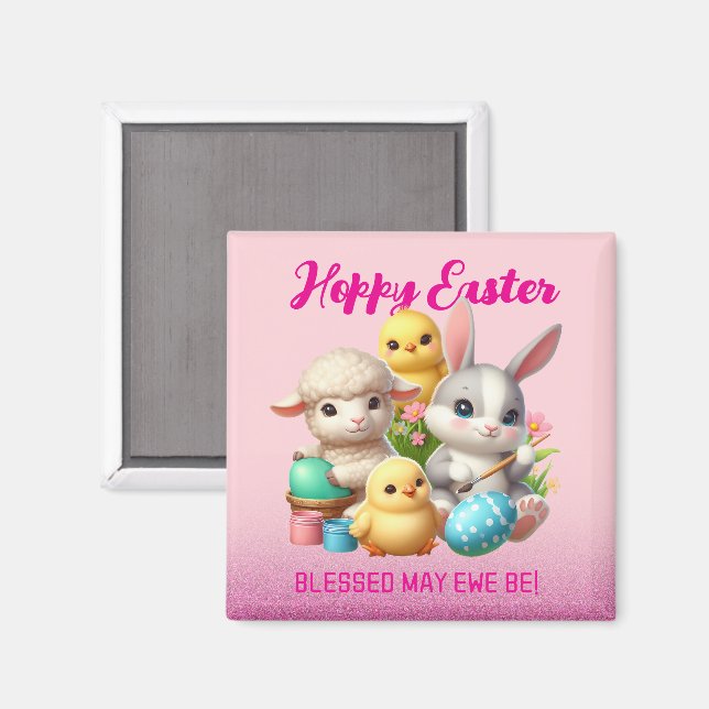 Hoppy Oaster Niedlich Bunny Chicks Lamm Malereieie Magnet (Vorderseite/Rückseite)