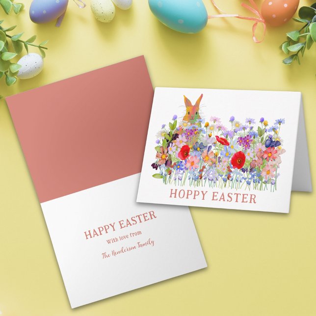 Hoppy Oaster Niedlich Bunny und Boho Wildblumen Karte (Personalized hoppy happy  easter cute bunny watercolor wildflower meadow spring floral holiday card)