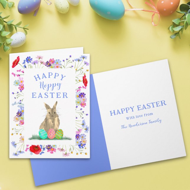 Hoppy Oaster Niedlich Bunny und Eggs Boho Floral Karte (Personalized happy hoppy Easter cute bunny watercolor wildflower spring floral folded holiday card)