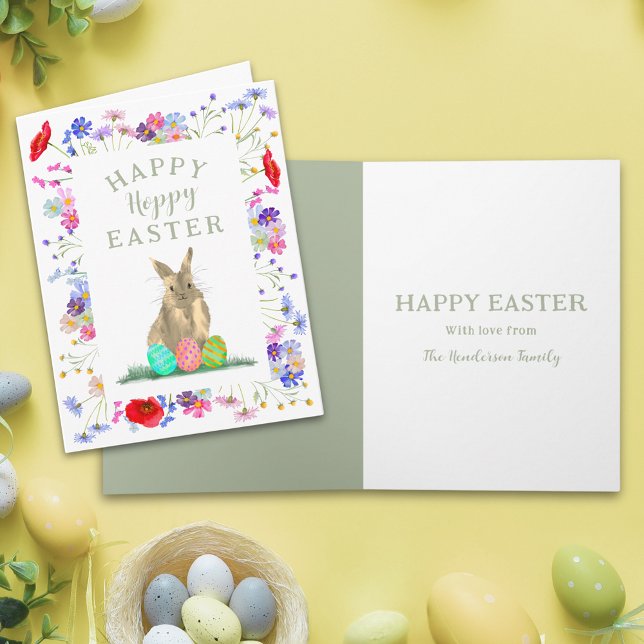 Hoppy Oaster Niedlich Bunny und Eier Blumenbeete Karte (Personalized happy hoppy Easter cute bunny watercolor wildflower spring floral folded holiday card)