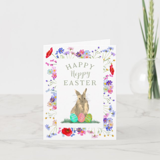 Hoppy Oaster Niedlich Bunny und Eier Blumenbeete Karte (Vorderseite)