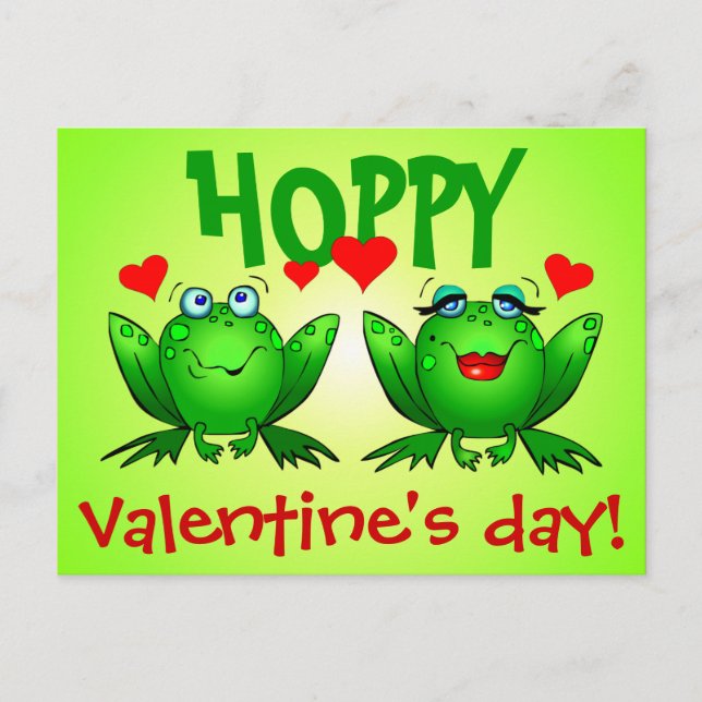 Hoppy Valentinstag Green Cartoon Frogs Postcard Feiertagspostkarte (Vorderseite)