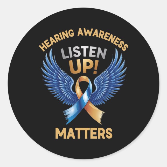 Hör zu! Bewusstsein für das Gehör zählt Winged Rib Runder Aufkleber (Vorderseite)
