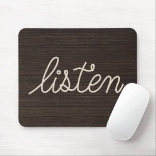 HÖREN Seiltext auf dunklem Holz Mousepad