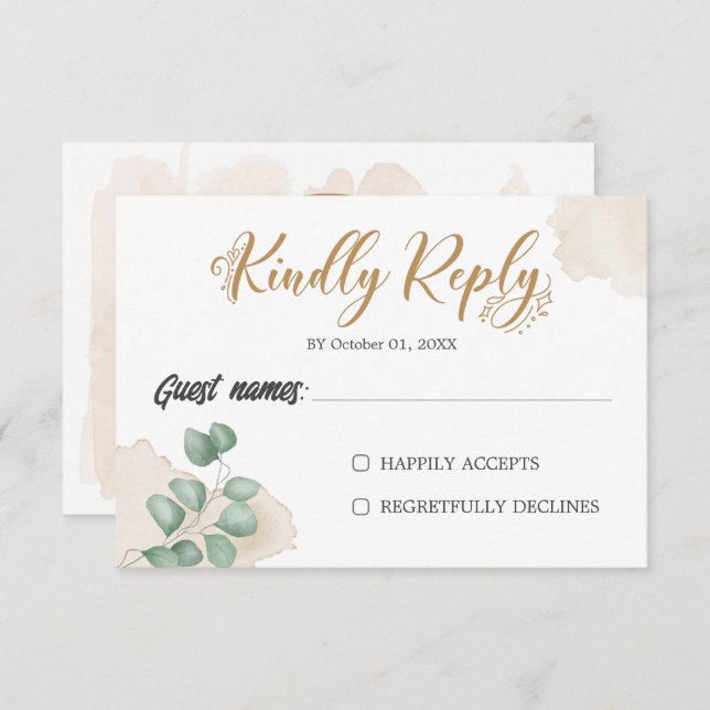 Horizontal-Hochzeitskarte für Goldgrün RSVP Karte (Vorne/Hinten)
