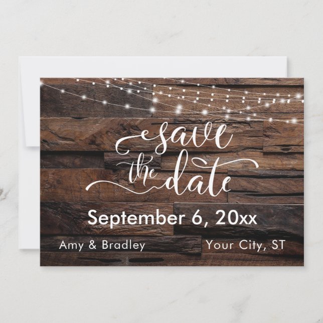 Horizontal rustikales Holz und Leuchten Save the D Date (Vorderseite)