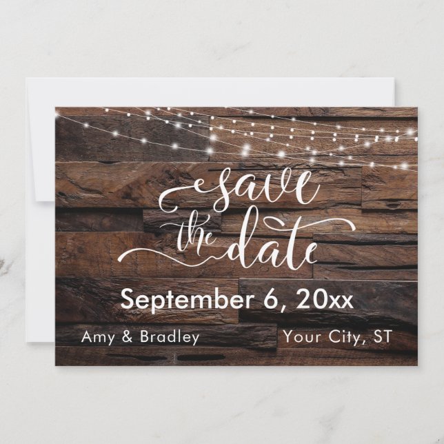 Horizontal rustikales Holz und Leuchten Save the D Save The Date (Vorderseite)
