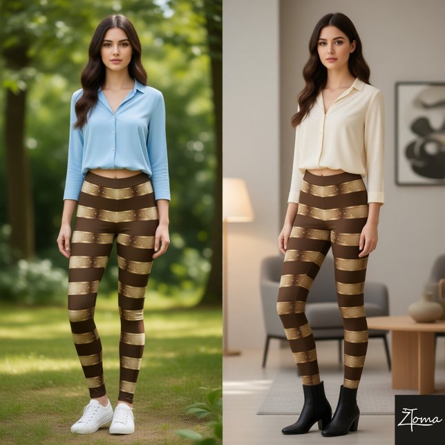 Horizontal Stripe Brown Champagne Metallic Glossy Leggings (Von Creator hochgeladen)