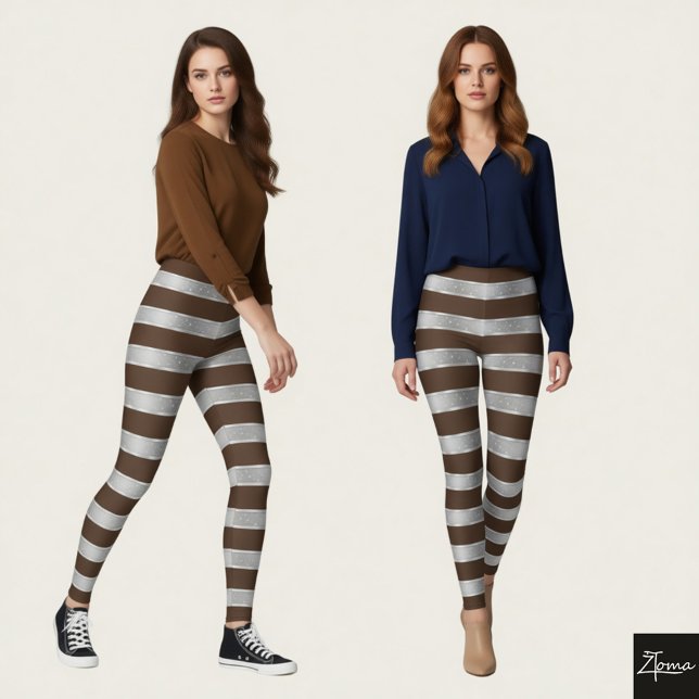 Horizontal Stripe Brown Silver Metallic Glossy Leggings (Von Creator hochgeladen)