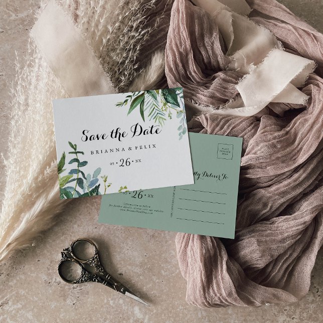 Horizontal-Tropenkalligraphie Save the Date Postkarte (Von Creator hochgeladen)