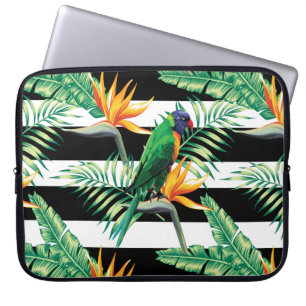 Horizontal-weiße und schwarze Streifen und Papagei Laptopschutzhülle